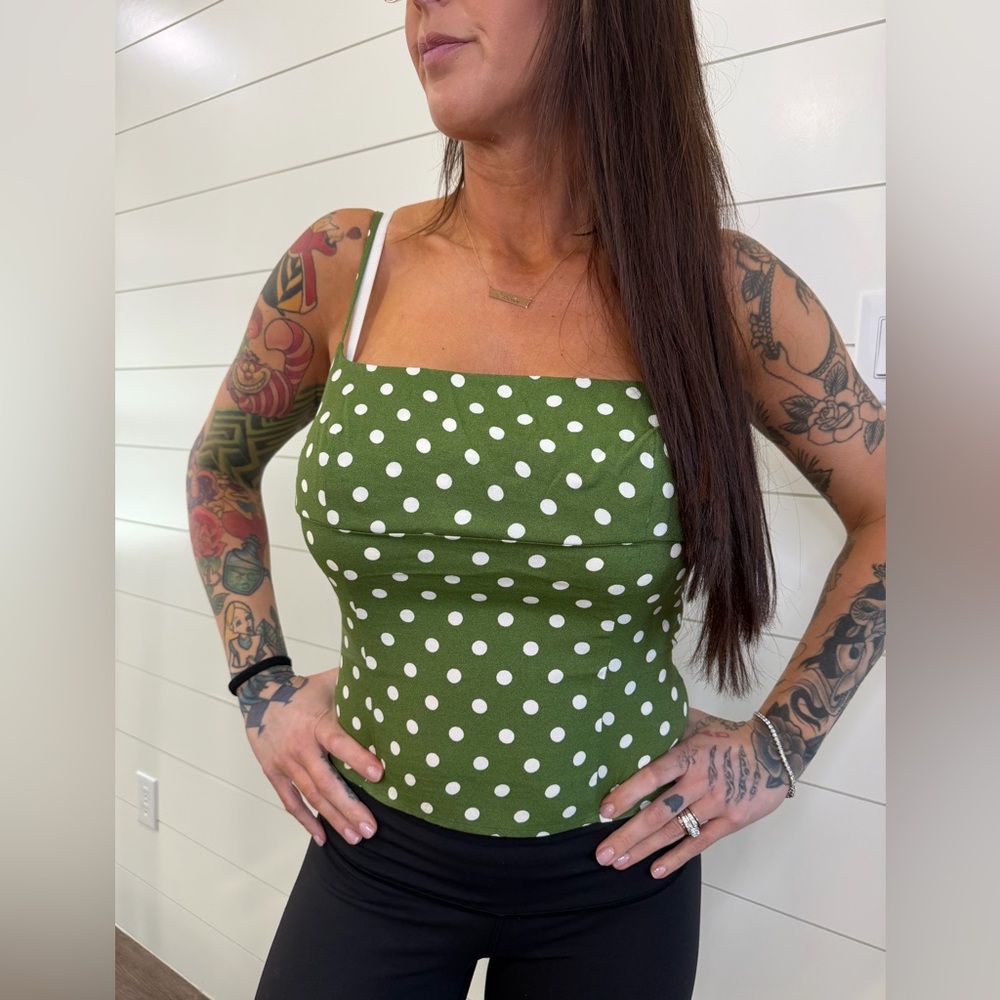 Reformation Olive Green Polka Dot Square-Neck Cami NWT